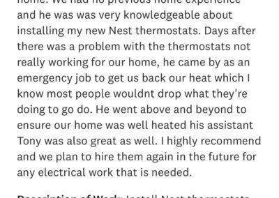 Review by Kyra B., rated 5 stars for an electrician. Describes installation of Nest thermostats and highlights excellent service, punctuality, and emergency support.