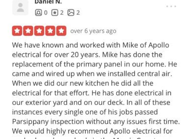 Review text praising Mike of Apollo Electrical for exemplary electrical work over 20 years, mentioning installations of air and kitchen electrical systems passing inspections without issues.