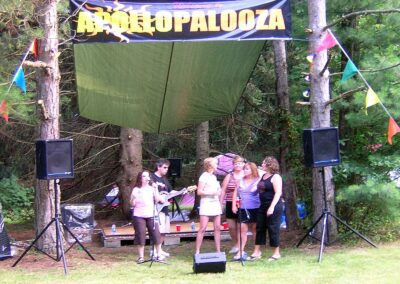 Outdoor event titled "Apollopalooza" with a group of people under a green canopy performing on a small stage. Trees in the background and colorful flags decorate the area.