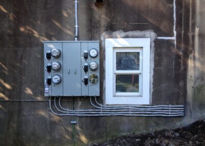 Electric meters and conduit pipes are mounted on an aged concrete wall next to a white-framed window.