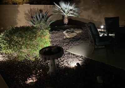 Nighttime garden scene with a birdbath, illuminated plants, and a palm tree. Two chairs are on a patio area in the foreground.