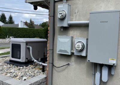 Outdoor backup generator installed on a concrete pad with electrical meters and utility boxes mounted on a nearby wall.