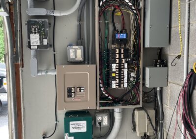 A wall-mounted electrical panel with exposed wiring and various switches and components in an open box, surrounded by conduits and electrical devices.
