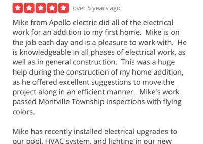 Online review by Steve G. praising Mike from Apollo Electric for his work on home electrical upgrades, stating the work passed inspections successfully and recommending him to friends.