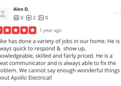 Customer review praising Mike from Apollo Electrical for his responsiveness, communication, and problem-solving skills, with a 5-star rating.