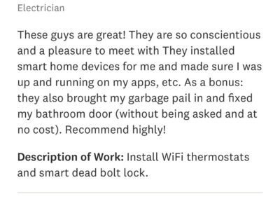 A five-star review by Jennifer M. praising an electrician for excellent service, highlighting quality, professionalism, responsiveness, and punctuality. Includes installation of WiFi devices.