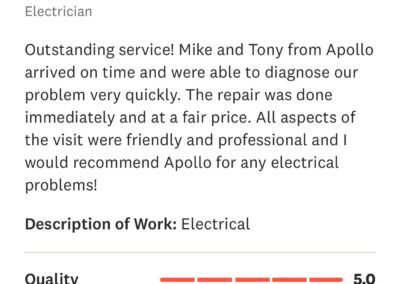 A 5-star review for Apollo's electrical services. Mike and Tony praised for prompt, professional service. All aspects rated 5: Quality, Value, Professionalism, Responsiveness, Punctuality.