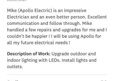Screenshot of a 5-star verified review by Bob P. for an electrician. The review praises communication, professionalism, and performance, mentioning upgrades and LED lighting installation.