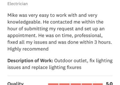 Review for an electrician by Priya K. with a 5-star rating. Praises his professionalism, quick response, and efficient work. Scores 5.0 in all categories: Quality, Value, Professionalism, Responsiveness, Punctuality.