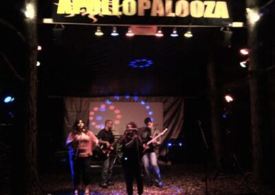 Outdoor concert at night with a band performing under a sign reading "APOLLOPALOOZA." Five musicians are on stage with colorful lights and tree trunks visible around.