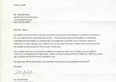 A letter from Morris County Vocational School District thanking an employer for supporting their internship program, dated June 11, 2009, on official letterhead.