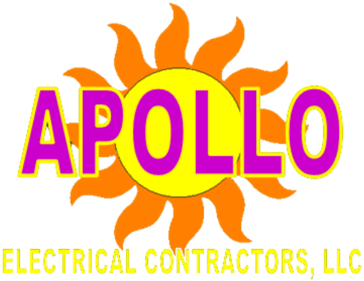 Untitled design (2) copy 2 Logo featuring a bright yellow sun with orange rays and the word "APOLLO" in large pink letters. Below, it reads "Electrical Contractors, LLC" in smaller yellow letters.